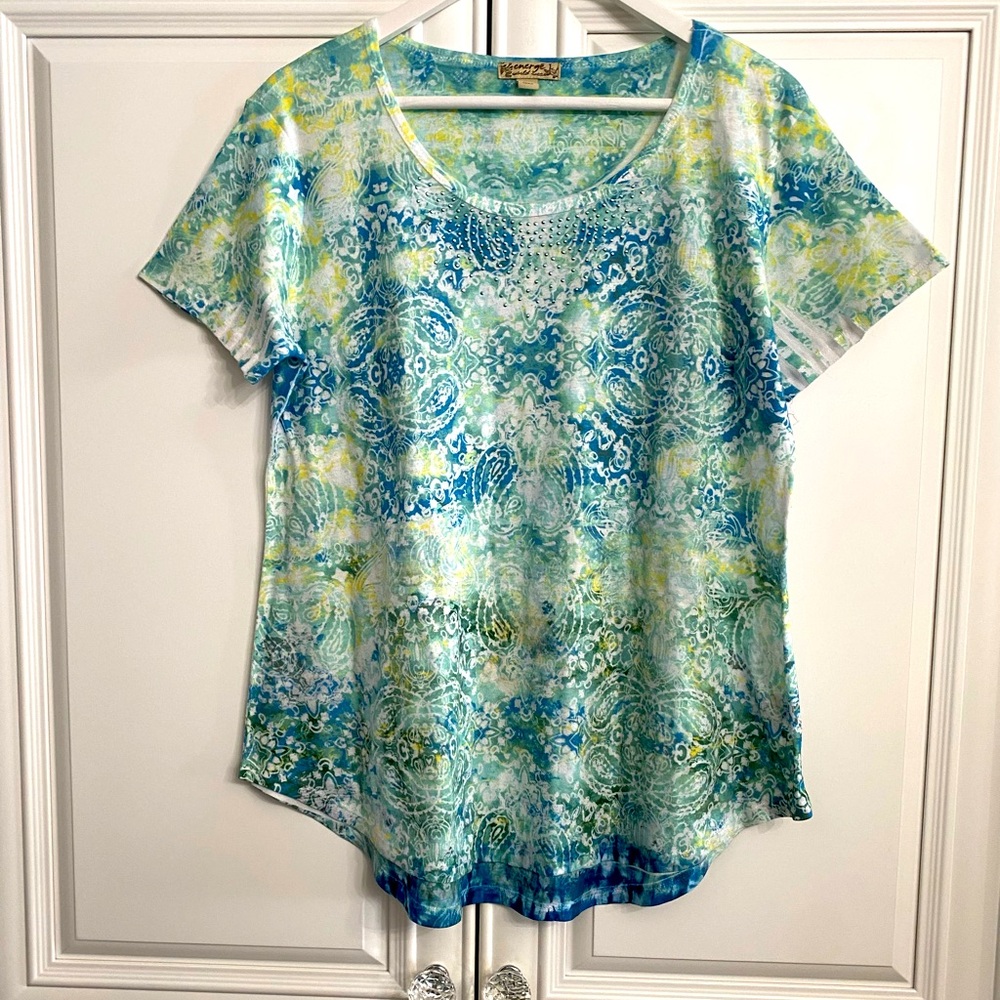 Energe World Wear Sz Large Short Sleeve T-Shirt with Beads Yellow Blue and Green